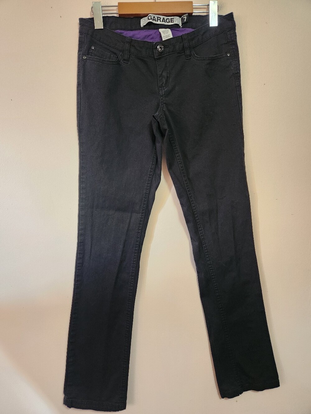 Vintage Y2K Garage Low Rise Black Denim Straight Leg Jeans Purple Waistband 7/28